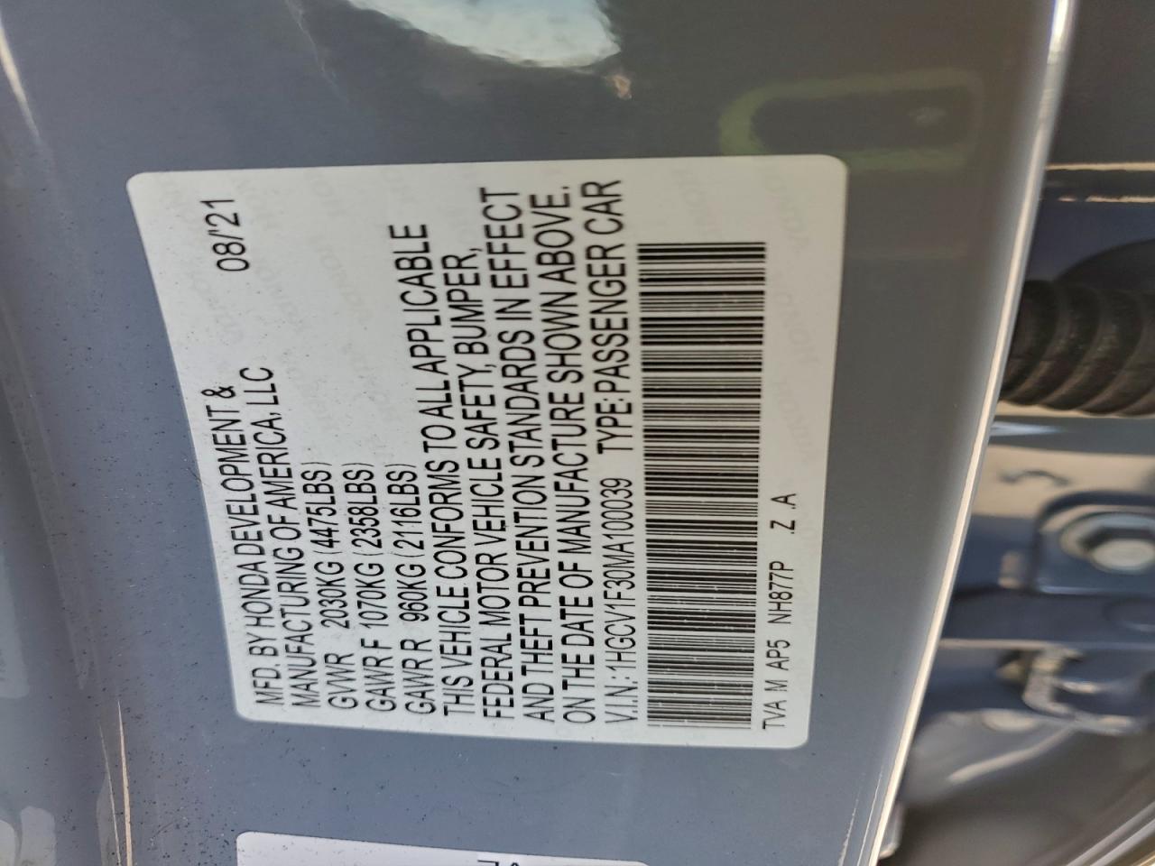 2021 Honda Accord Sport VIN: 1HGCV1F30MA100039 Lot: 93350795