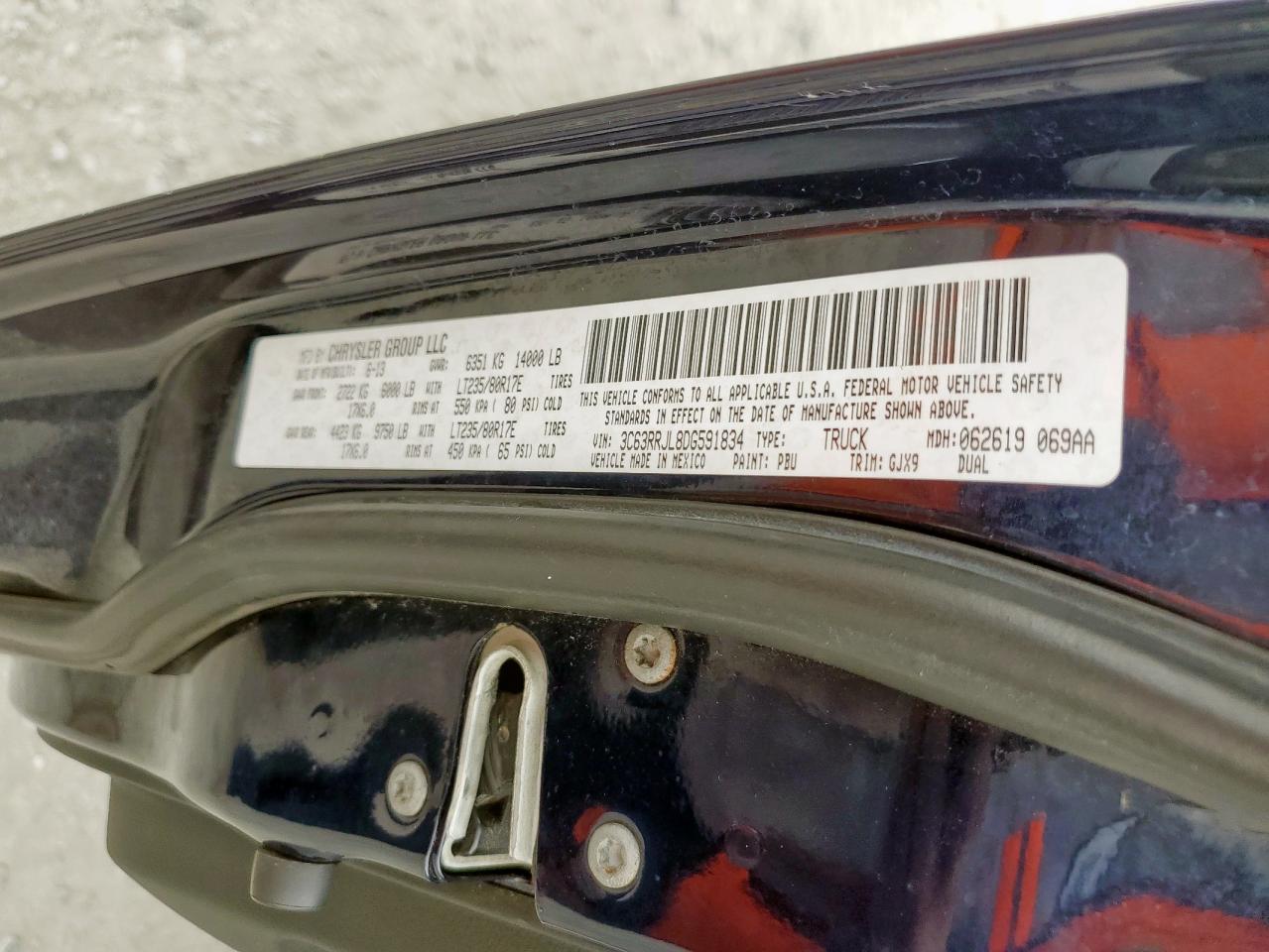 2013 Ram 3500 Laramie VIN: 3C63RRJL8DG591834 Lot: 92694605