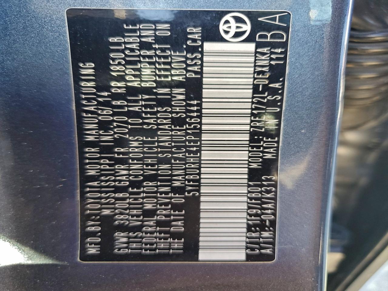 2014 Toyota Corolla L VIN: 5YFBURHE4EP156444 Lot: 94528955