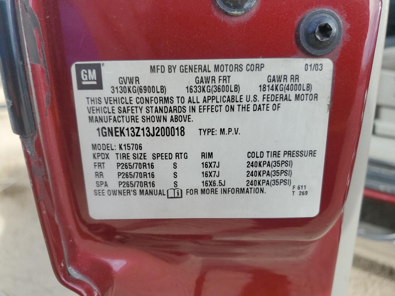 2003 Chevrolet Tahoe K1500 VIN: 1GNEK13Z13J200018 Lot: 91312125