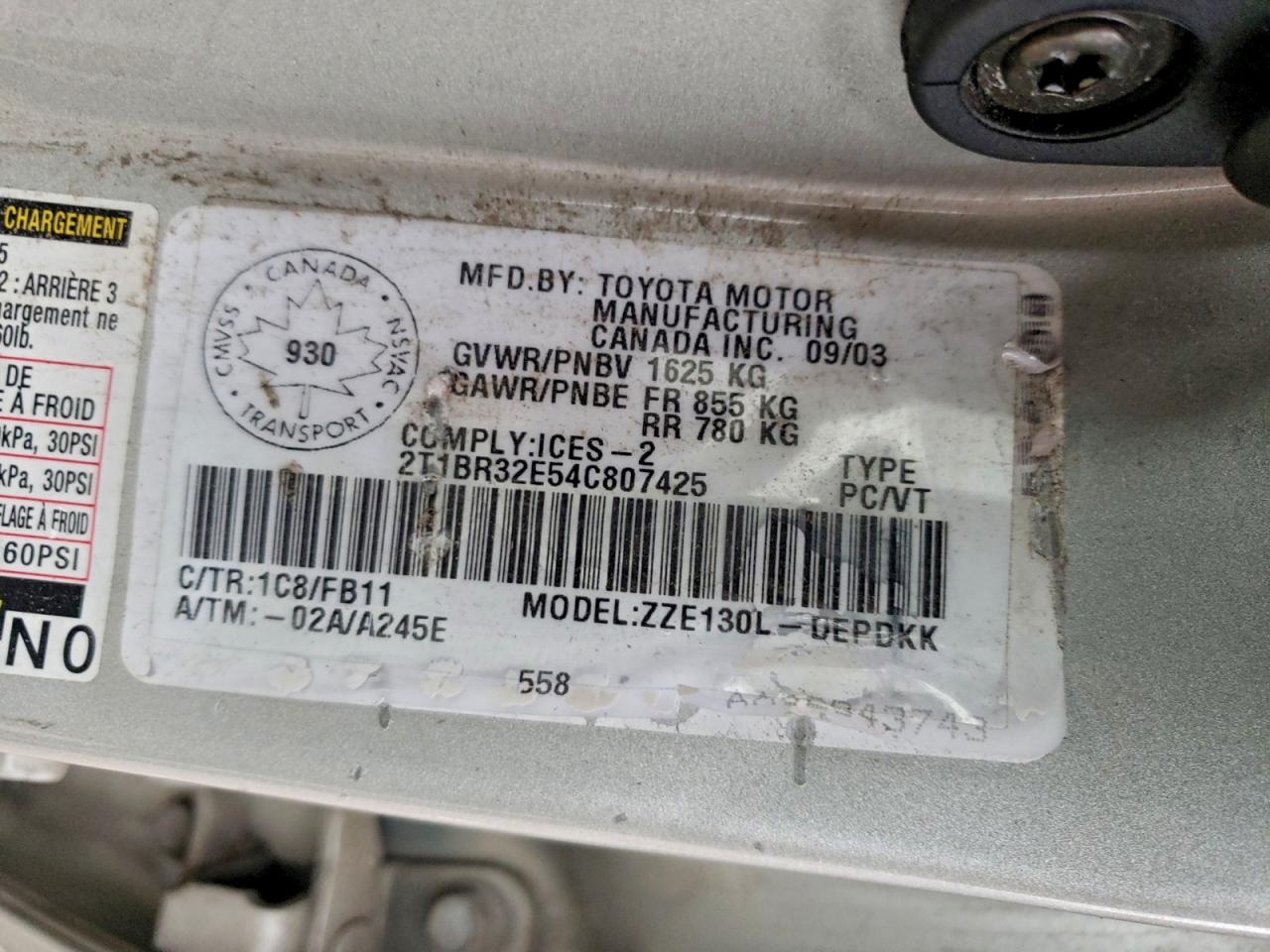 2004 Toyota Corolla Ce VIN: 2T1BR32E54C807425 Lot: 93728015