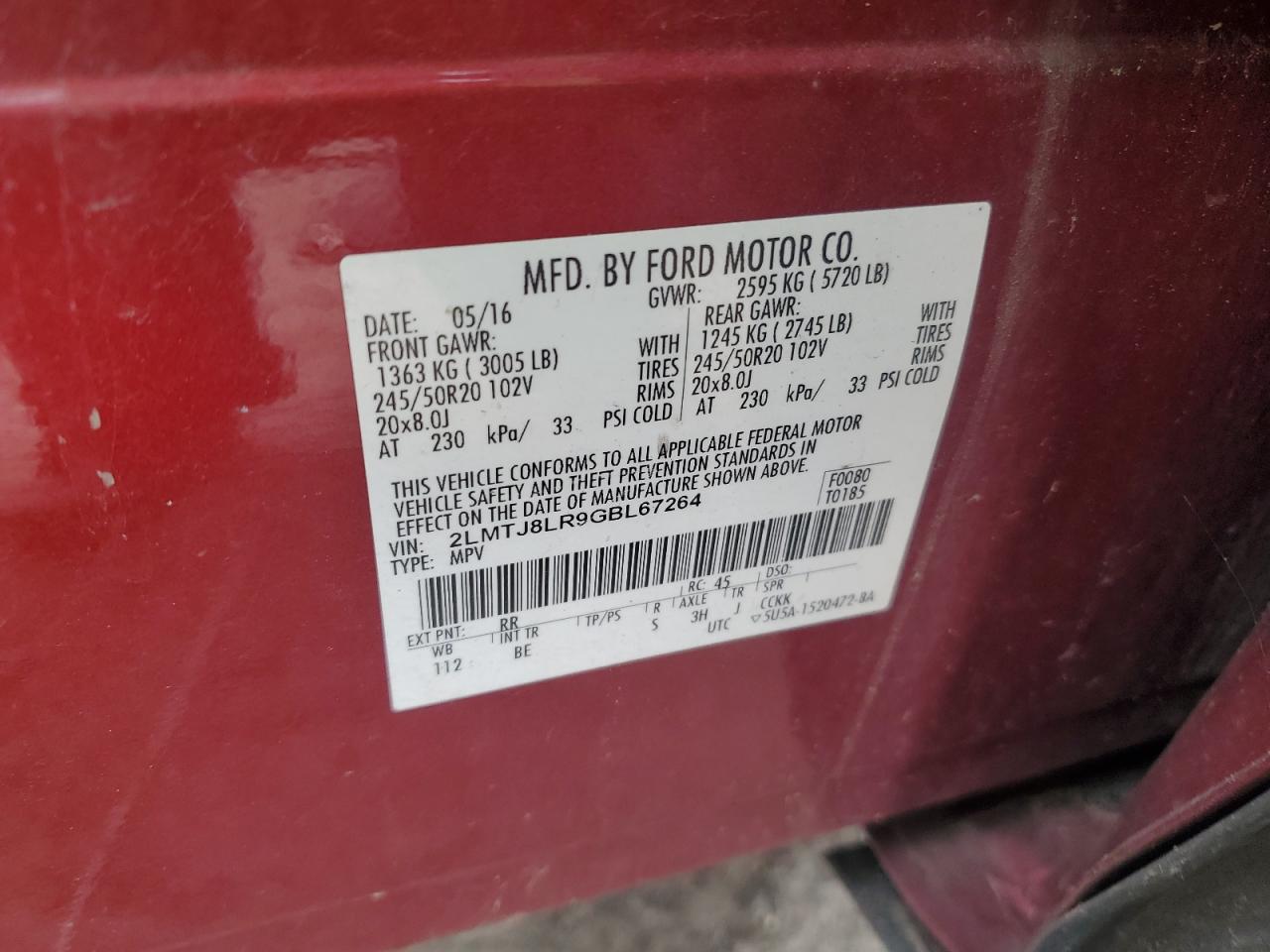 2016 Lincoln Mkx Reserve VIN: 2LMTJ8LR9GBL67264 Lot: 92091815