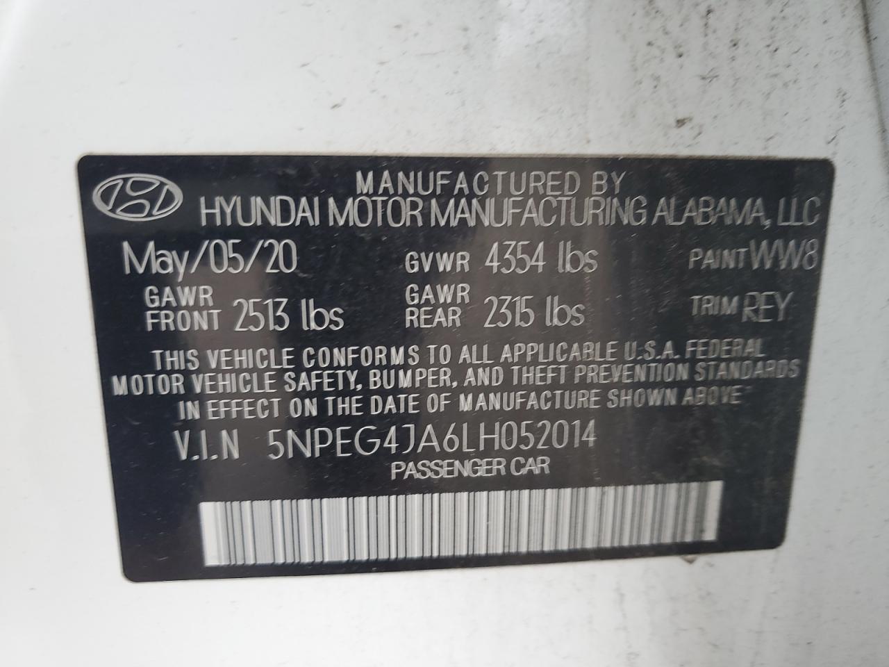 2020 Hyundai Sonata Se VIN: 5NPEG4JA6LH052014 Lot: 85407525