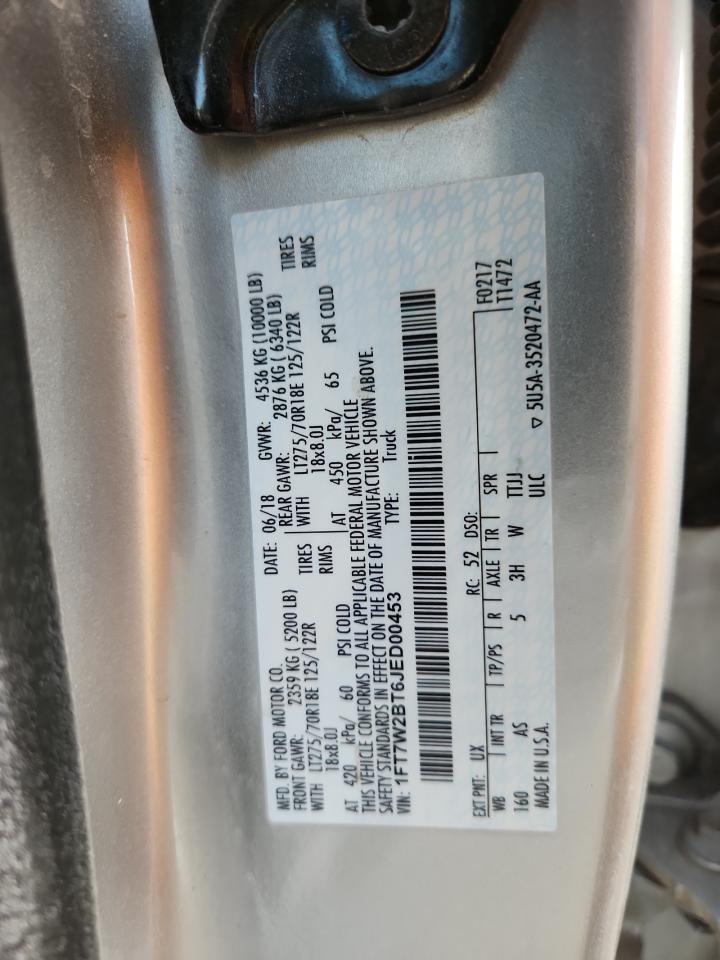 2018 Ford F250 Super Duty VIN: 1FT7W2BT6JED00453 Lot: 92424685