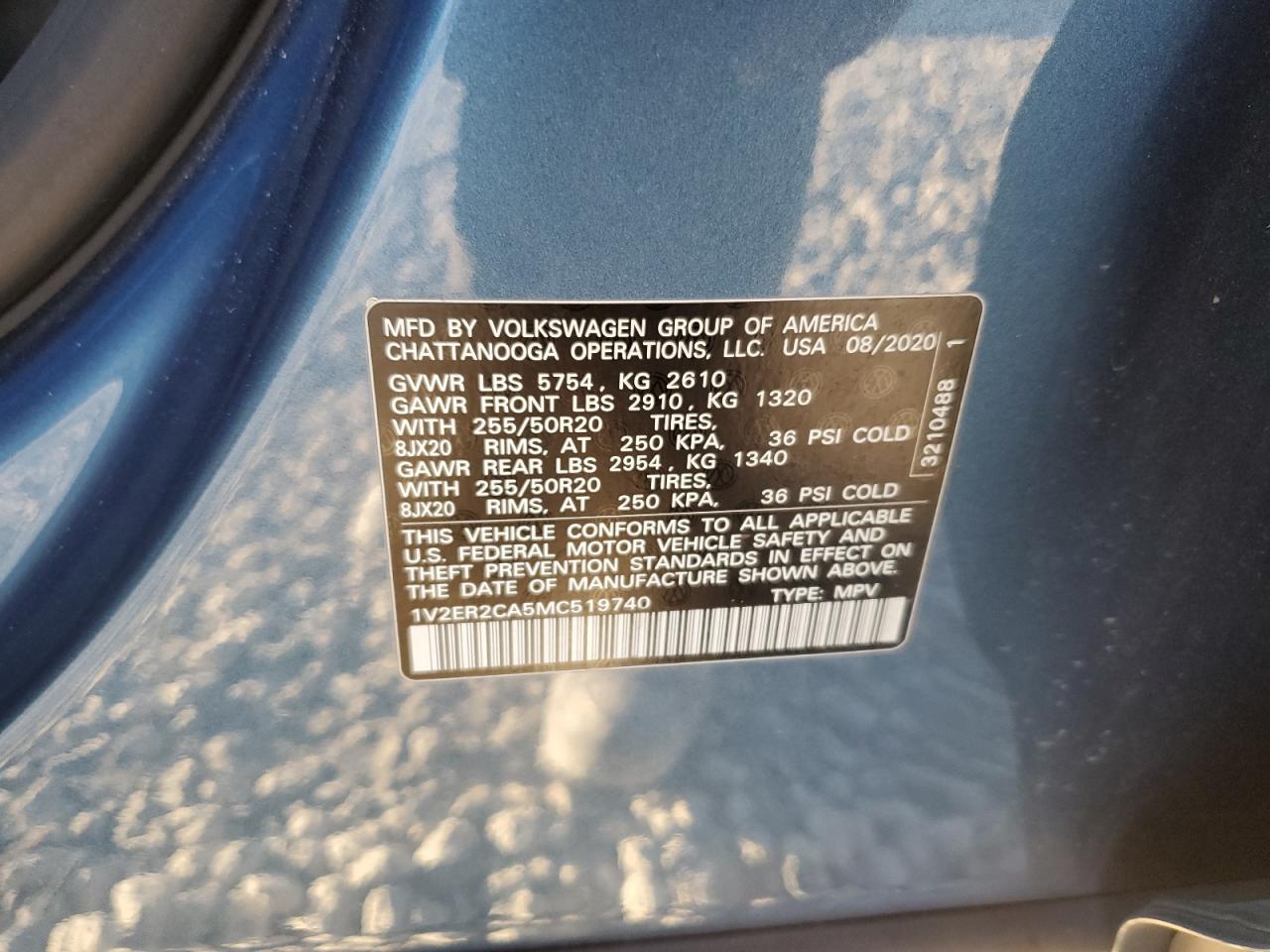 2021 Volkswagen Atlas Sel VIN: 1V2ER2CA5MC519740 Lot: 93647015