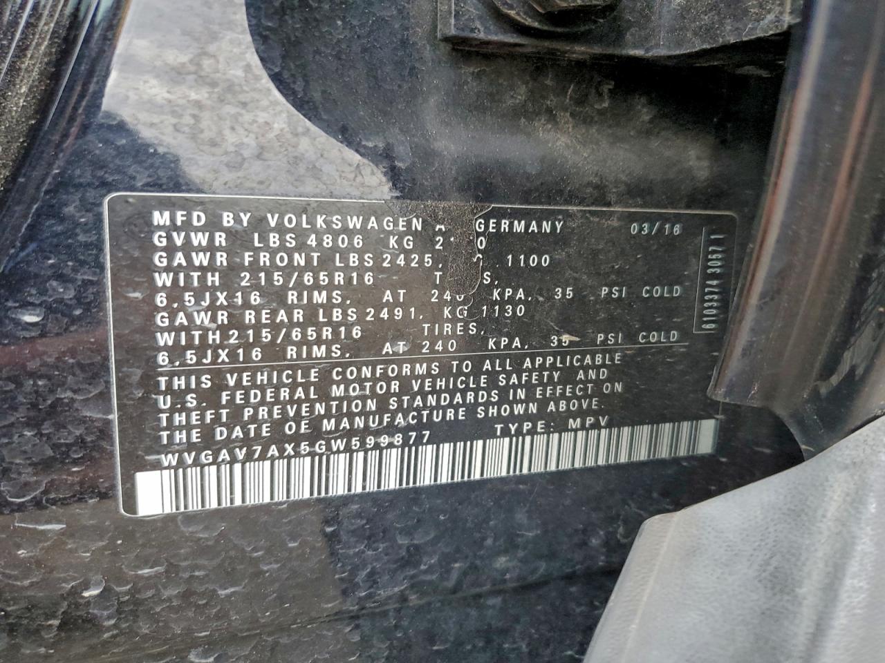 2016 Volkswagen Tiguan S VIN: WVGAV7AX5GW599877 Lot: 94147835