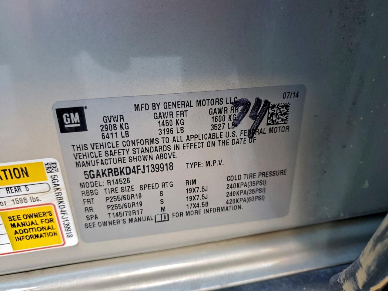 2015 Buick Enclave VIN: 5GAKRBKD4FJ139918 Lot: 93874935