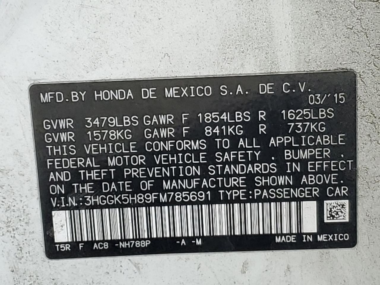 2015 Honda Fit Ex VIN: 3HGGK5H89FM785691 Lot: 93612385