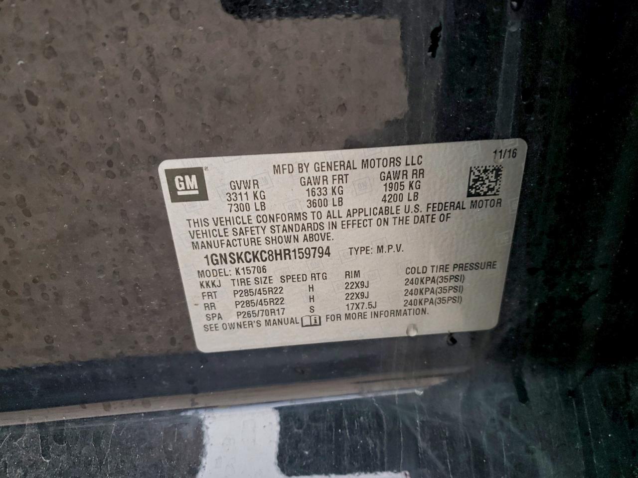 2017 Chevrolet Tahoe K1500 Premier VIN: 1GNSKCKC8HR159794 Lot: 93980835