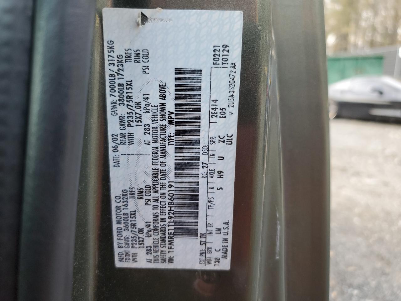 2002 Ford Econoline E150 Wagon VIN: 1FMRE11L92HB60191 Lot: 92072405