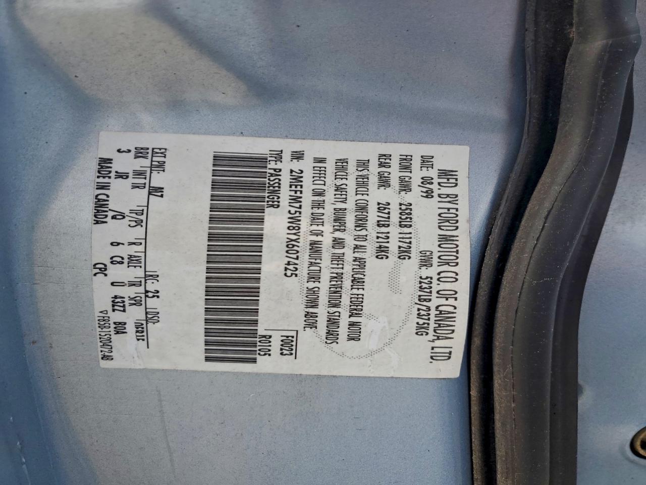 2000 Mercury Grand Marquis Ls VIN: 2MEFM75W8YX607425 Lot: 94269095