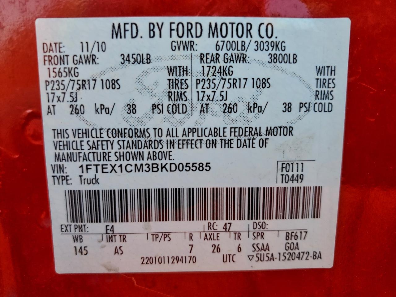 2011 Ford F150 Super Cab VIN: 1FTEX1CM3BKD05585 Lot: 93642665