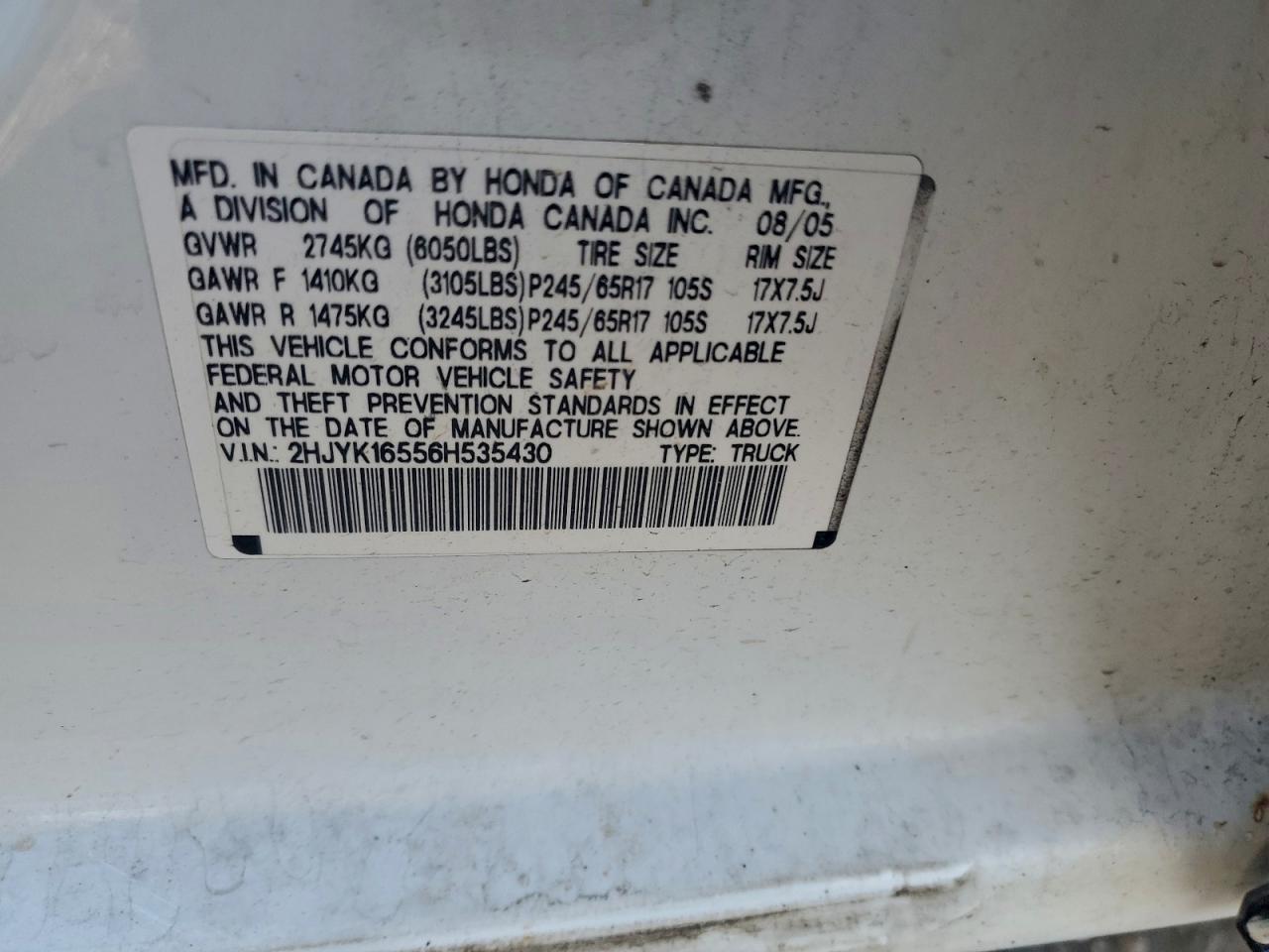 2006 Honda Ridgeline Rtl VIN: 2HJYK16556H535430 Lot: 94018335