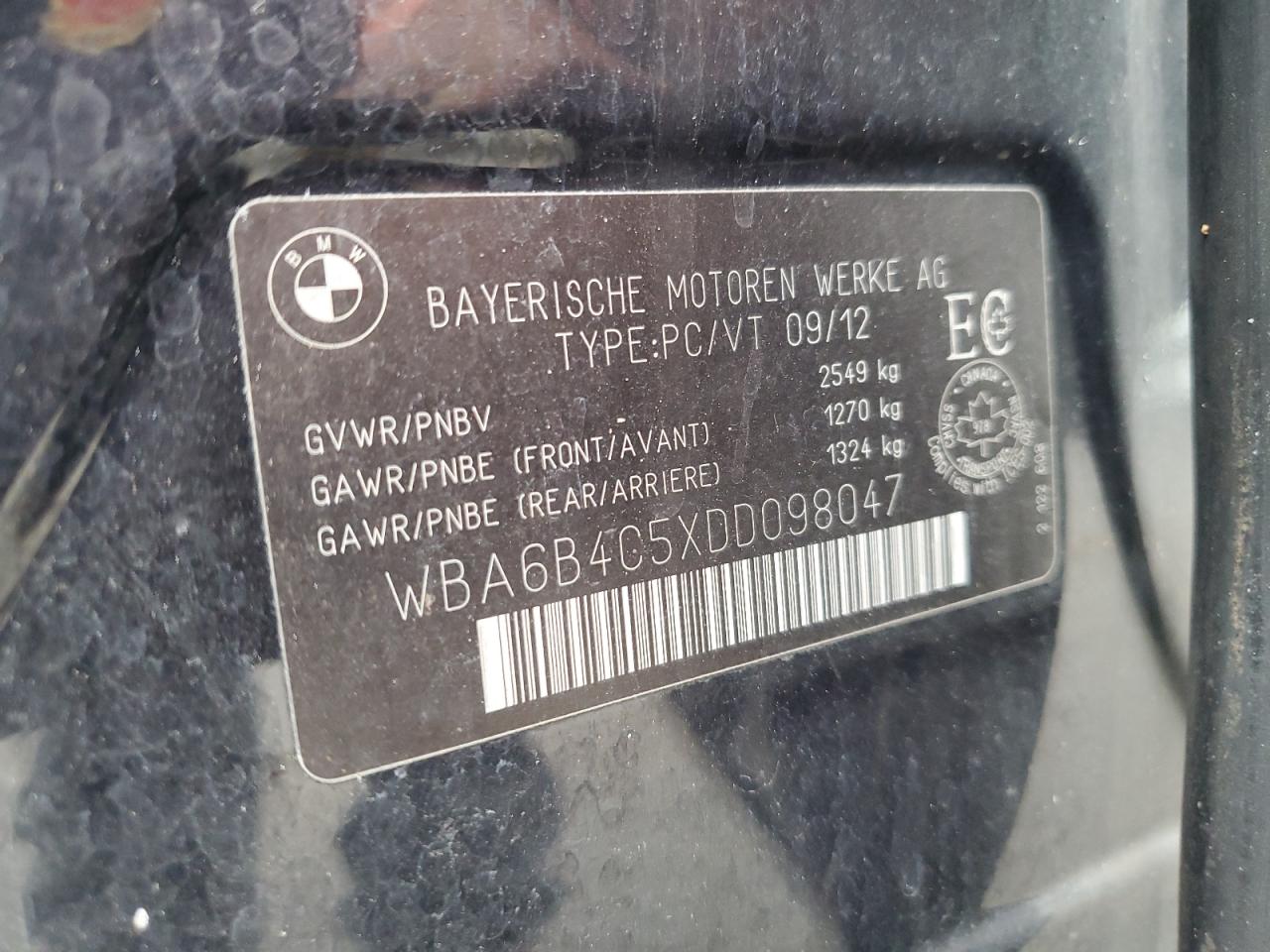 2013 BMW 650 Xi VIN: WBA6B4C5XDD098047 Lot: 92742795