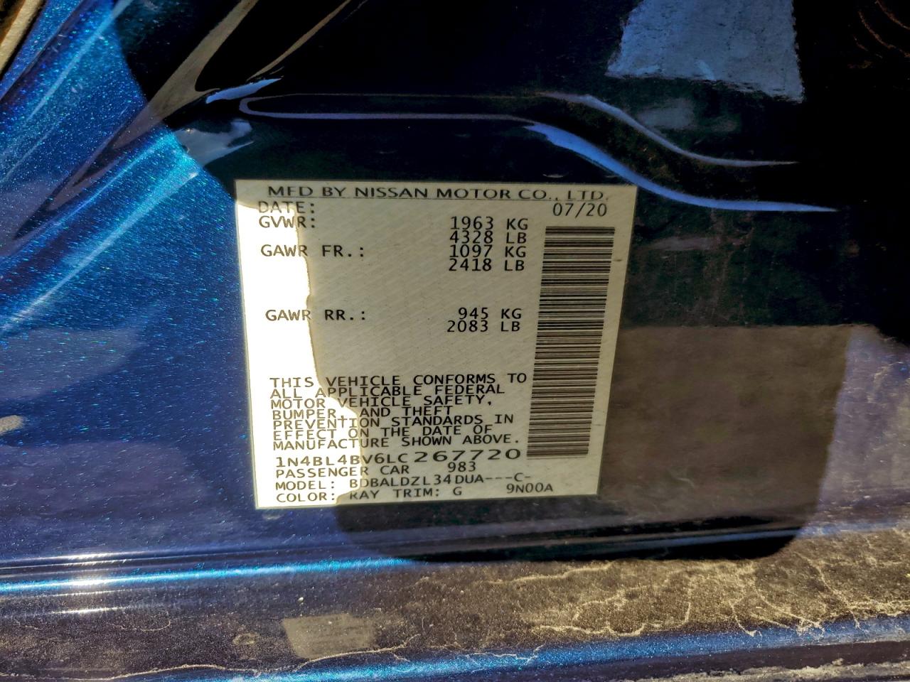 2020 Nissan Altima S VIN: 1N4BL4BV6LC267720 Lot: 92587465