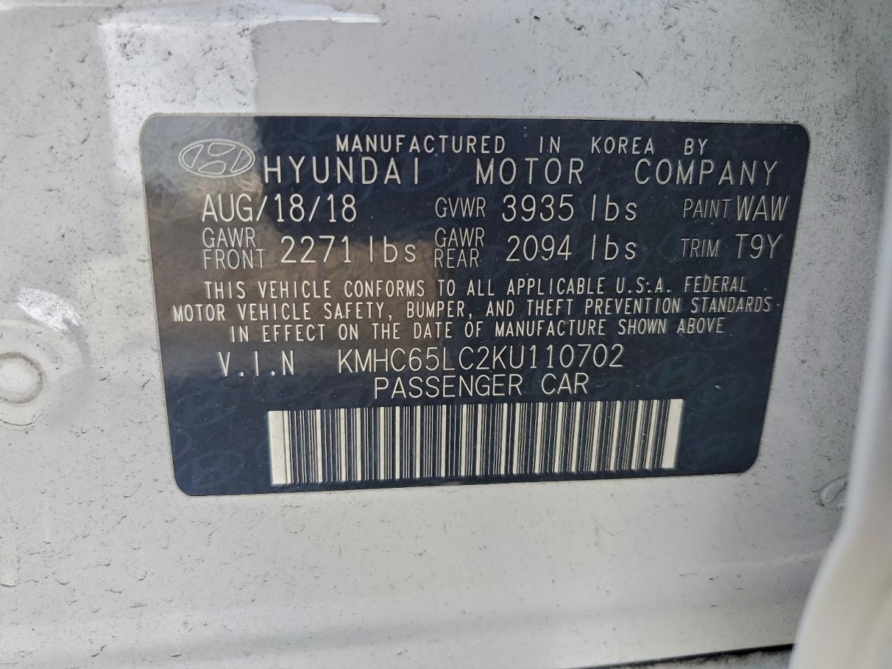 2019 Hyundai Ioniq Blue VIN: KMHC65LC2KU110702 Lot: 94550755