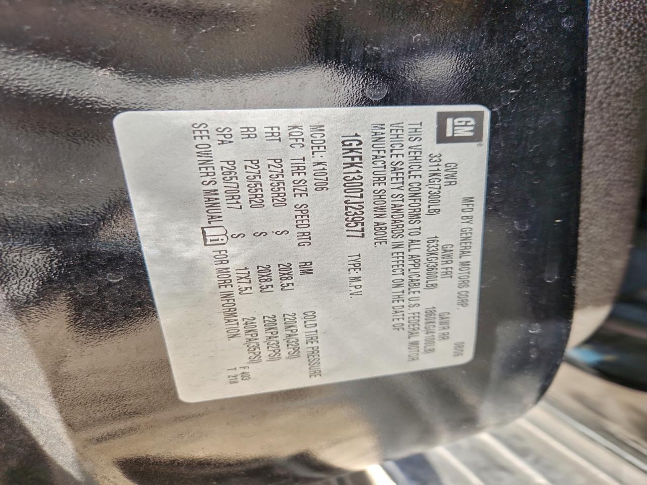 2007 GMC Yukon VIN: 1GKFK13007J239577 Lot: 94090485