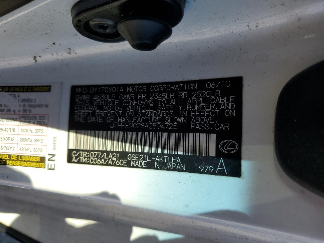 2010 Lexus Is 350 VIN: JTHFE2C28A2504725 Lot: 91407275