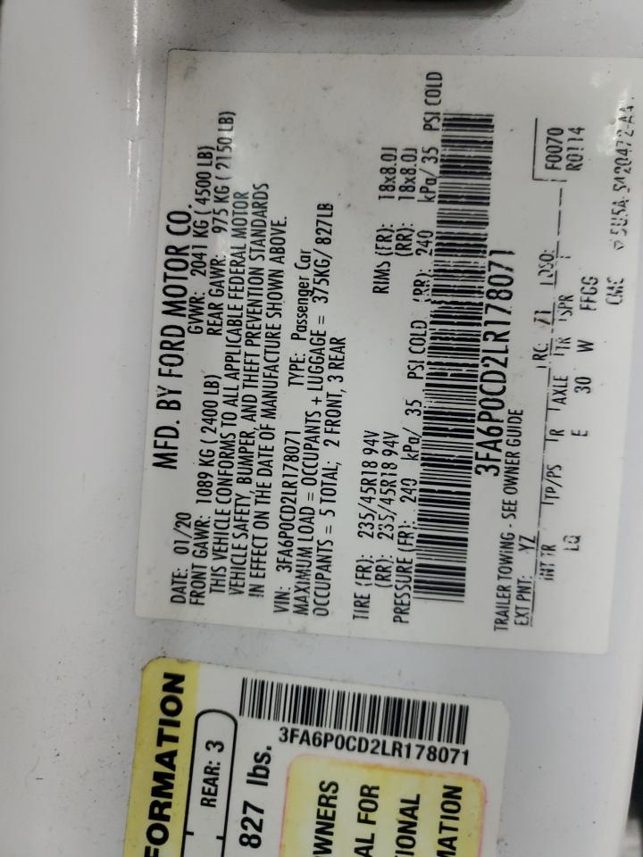 2020 Ford Fusion Sel VIN: 3FA6P0CD2LR178071 Lot: 90392095