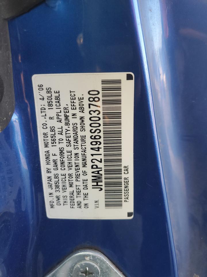 2006 Honda S2000 VIN: JHMAP21496S003780 Lot: 92346095