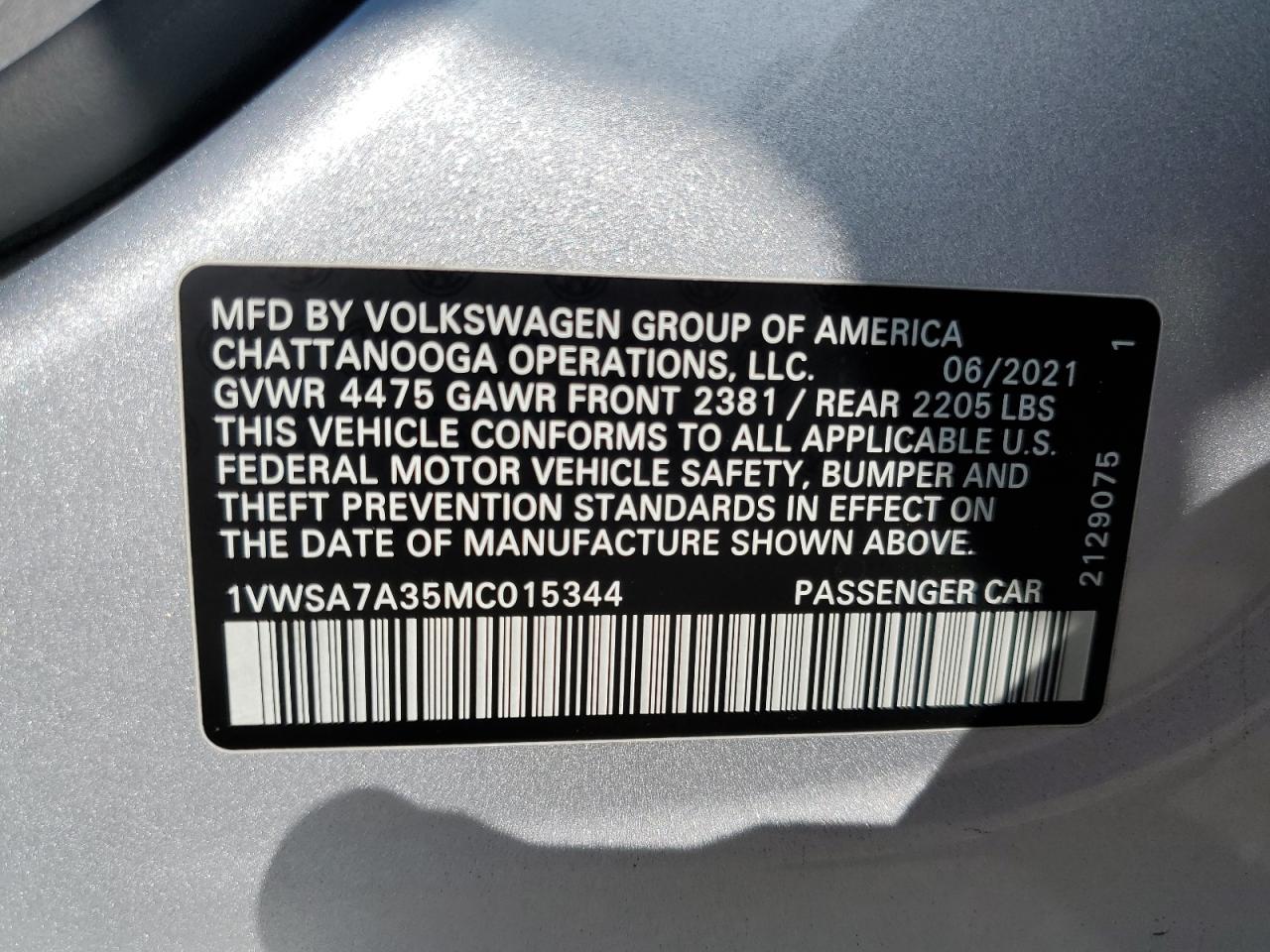 2021 Volkswagen Passat Se VIN: 1VWSA7A35MC015344 Lot: 90078965