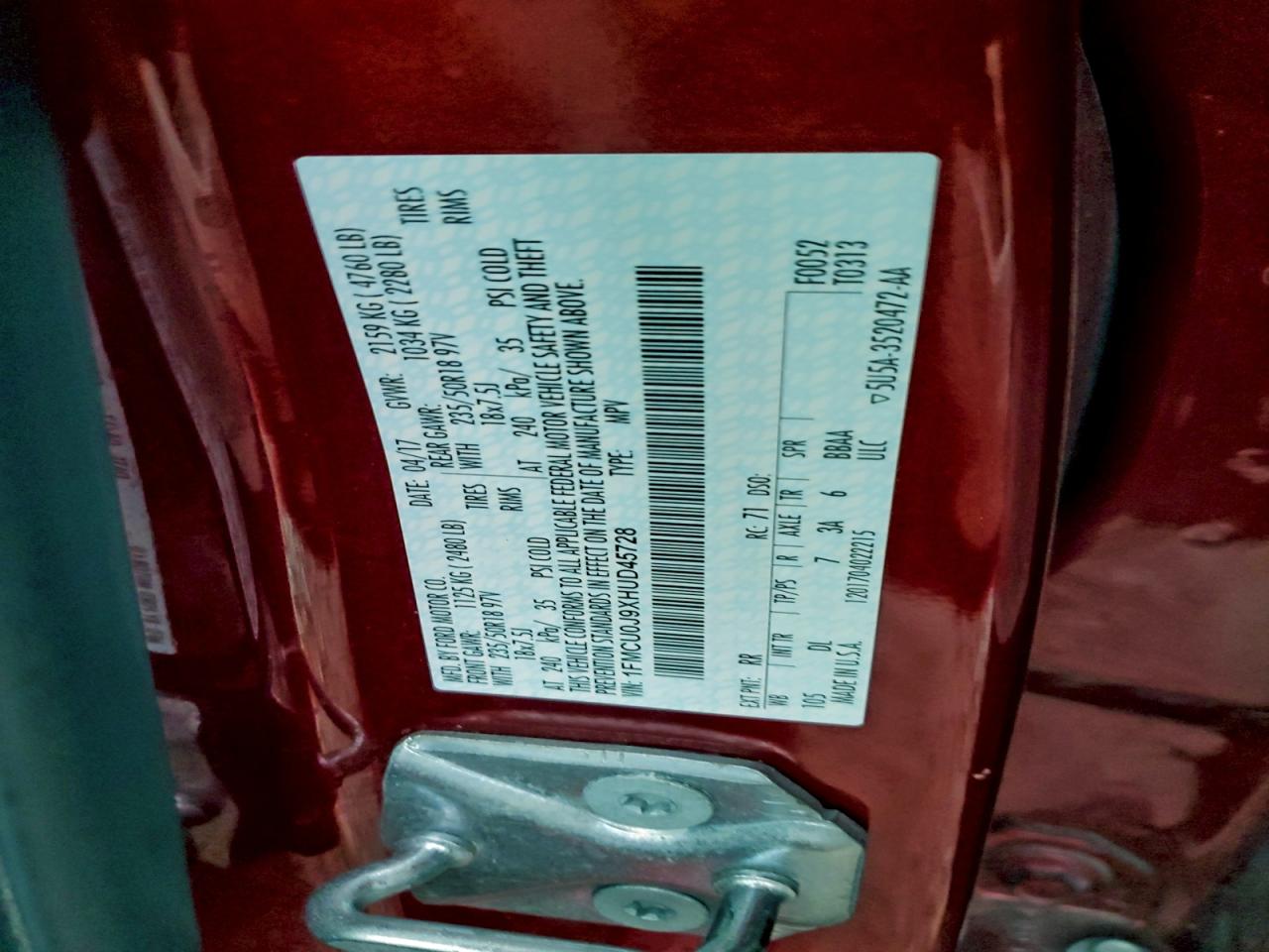 2017 Ford Escape Titanium VIN: 1FMCU0J9XHUD45728 Lot: 94260395