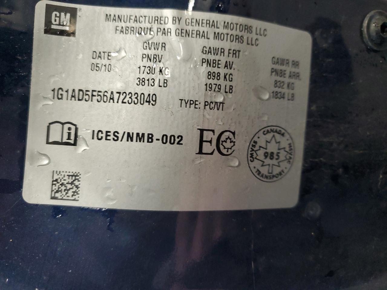 2010 Chevrolet Cobalt 1Lt VIN: 1G1AD5F56A7233049 Lot: 92014315