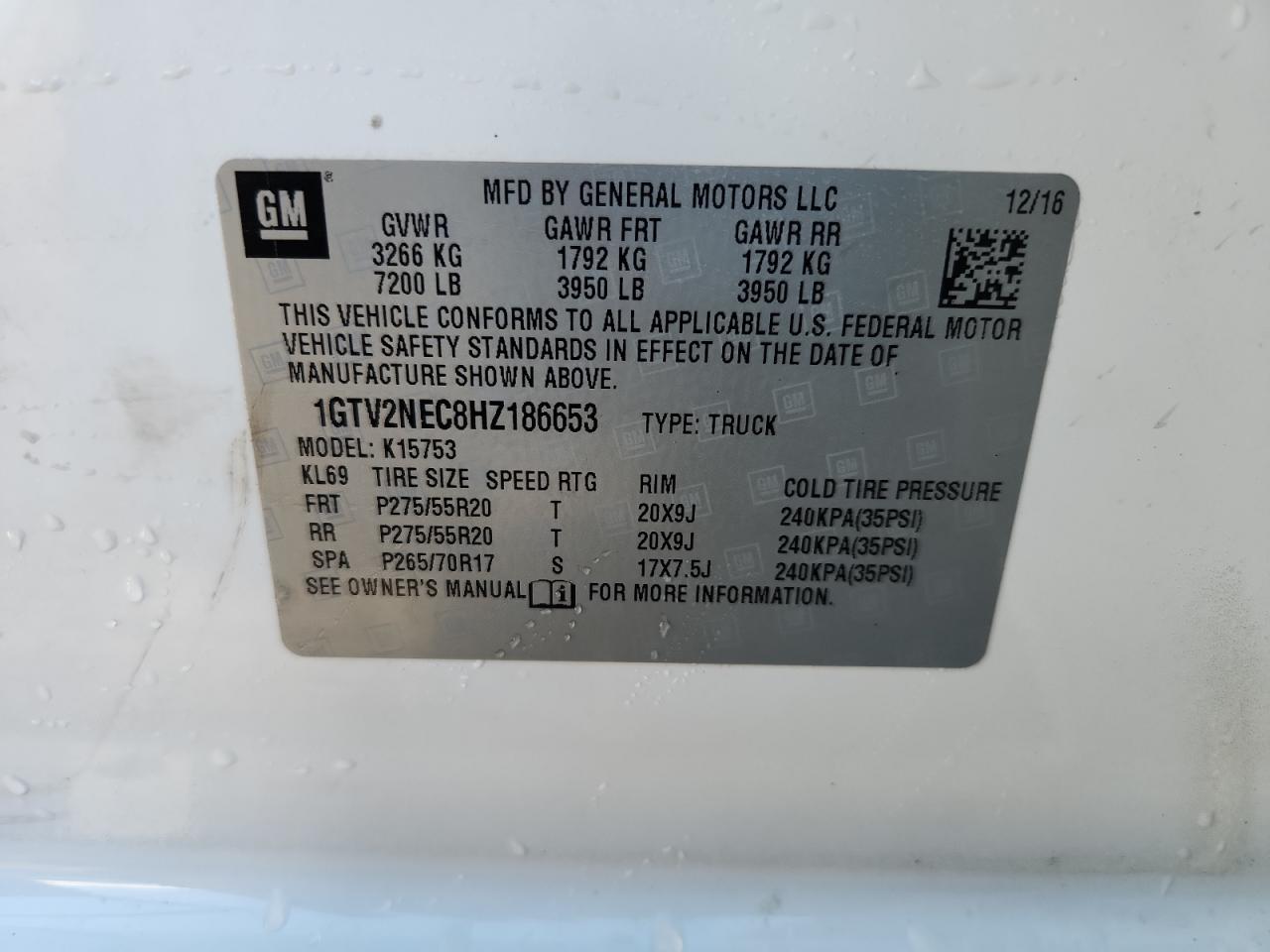 2017 GMC Sierra K1500 Slt VIN: 1GTV2NEC8HZ186653 Lot: 92627375