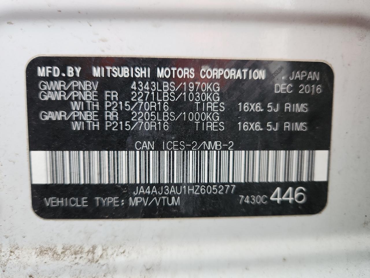 2017 Mitsubishi Rvr Se VIN: JA4AJ3AU1HZ605277 Lot: 92413375