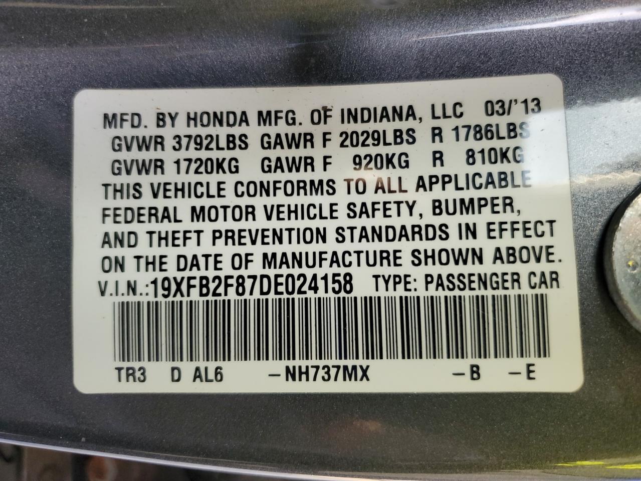 2013 Honda Civic Ex VIN: 19XFB2F87DE024158 Lot: 92893445