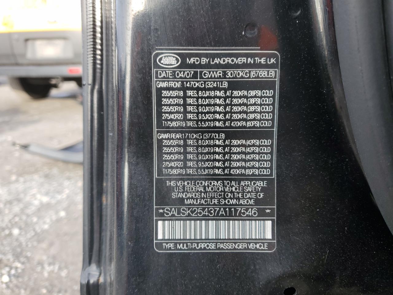 2007 Land Rover Range Rover Sport Hse VIN: SALSK25437A117546 Lot: 92546575