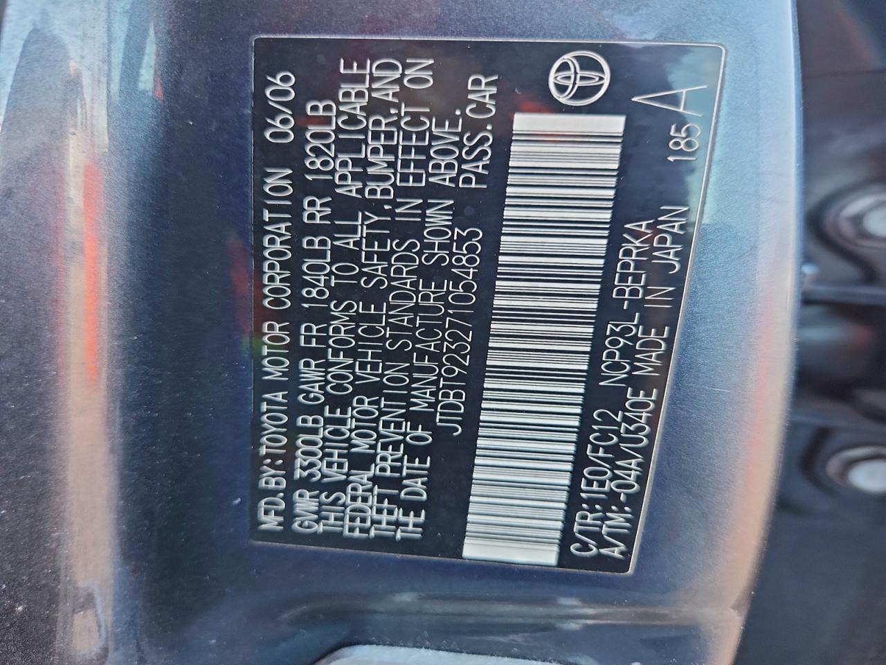 2007 Toyota Yaris VIN: JTDBT923271054853 Lot: 93535875