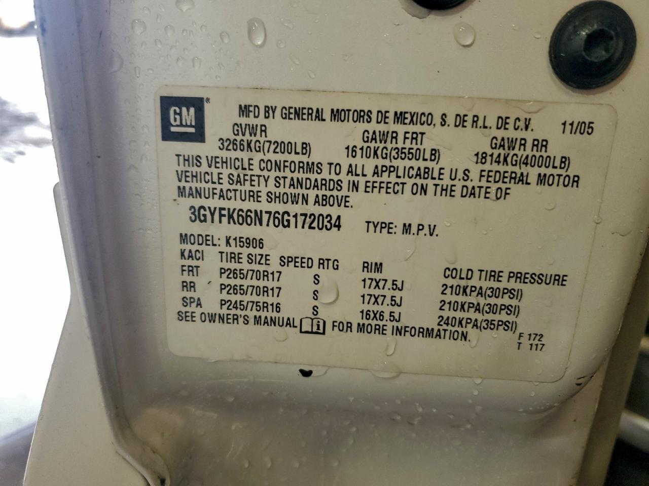 2006 Cadillac Escalade Esv VIN: 3GYFK66N76G172034 Lot: 93531715