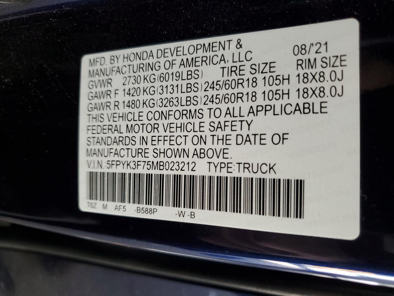 2021 Honda Ridgeline Rtl VIN: 5FPYK3F75MB023212 Lot: 92236225