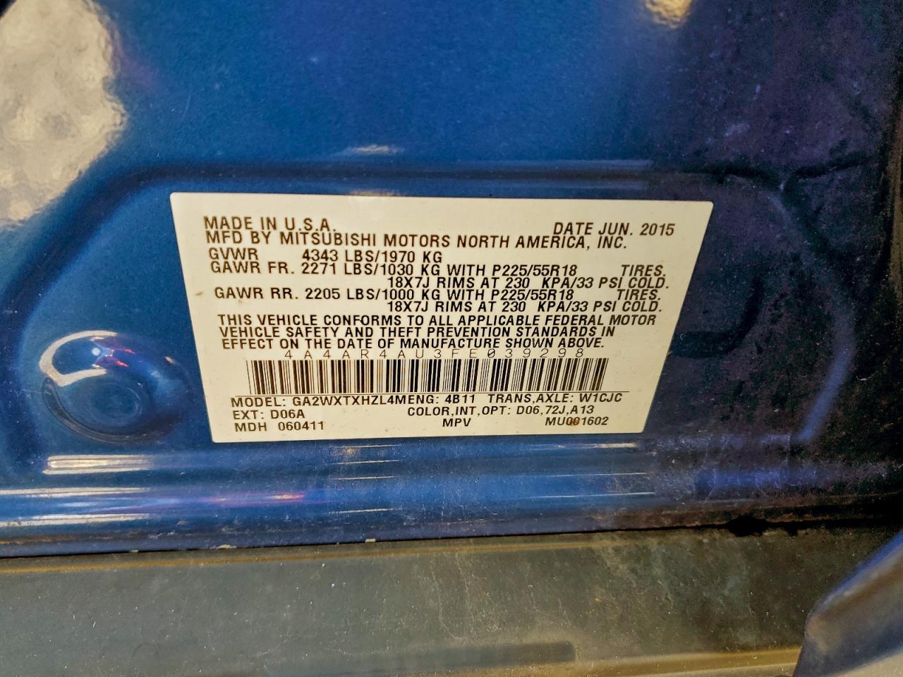 2015 Mitsubishi Outlander Sport Se VIN: 4A4AR4AU3FE039298 Lot: 94301555