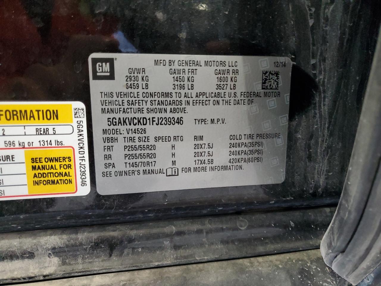 2015 Buick Enclave VIN: 5GAKVCKD1FJ239346 Lot: 91689545