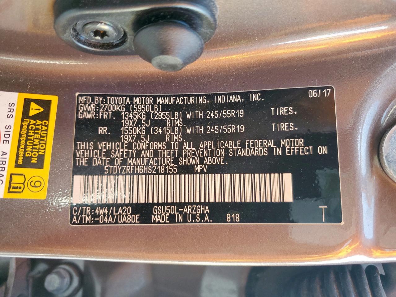 2017 Toyota Highlander Limited VIN: 5TDYZRFH6HS218155 Lot: 91070555