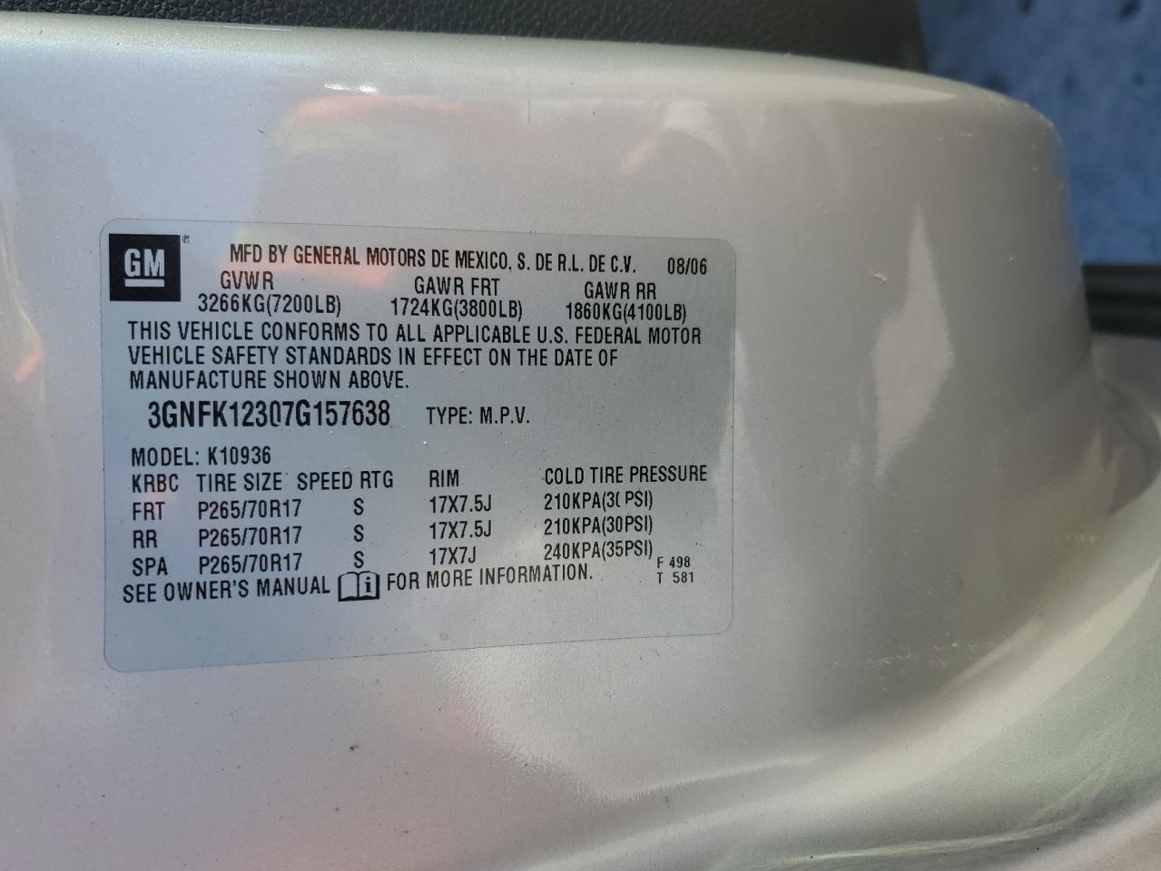 2007 Chevrolet Avalanche K1500 VIN: 3GNFK12307G157638 Lot: 93186075