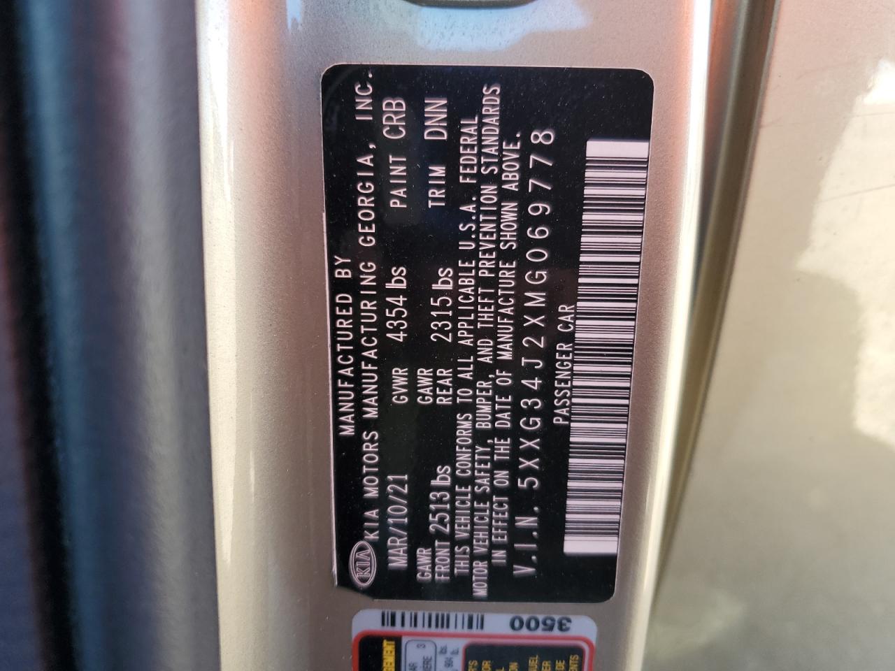 2021 Kia K5 Ex VIN: 5XXG34J2XMG069778 Lot: 92467625