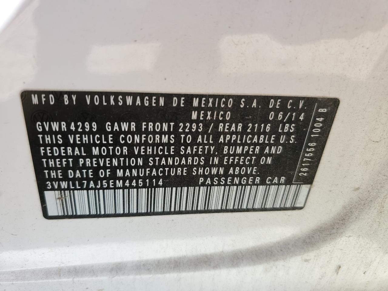 2014 Volkswagen Jetta Tdi VIN: 3VWLL7AJ5EM445114 Lot: 91517035