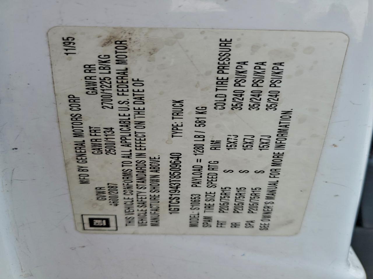 1996 GMC Sonoma VIN: 1GTCS1943T8509640 Lot: 94368335