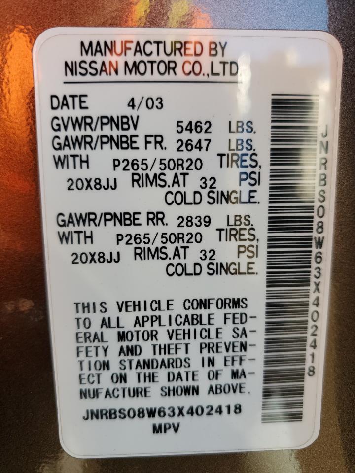 2003 Infiniti Fx45 VIN: JNRBS08W63X402418 Lot: 92851105