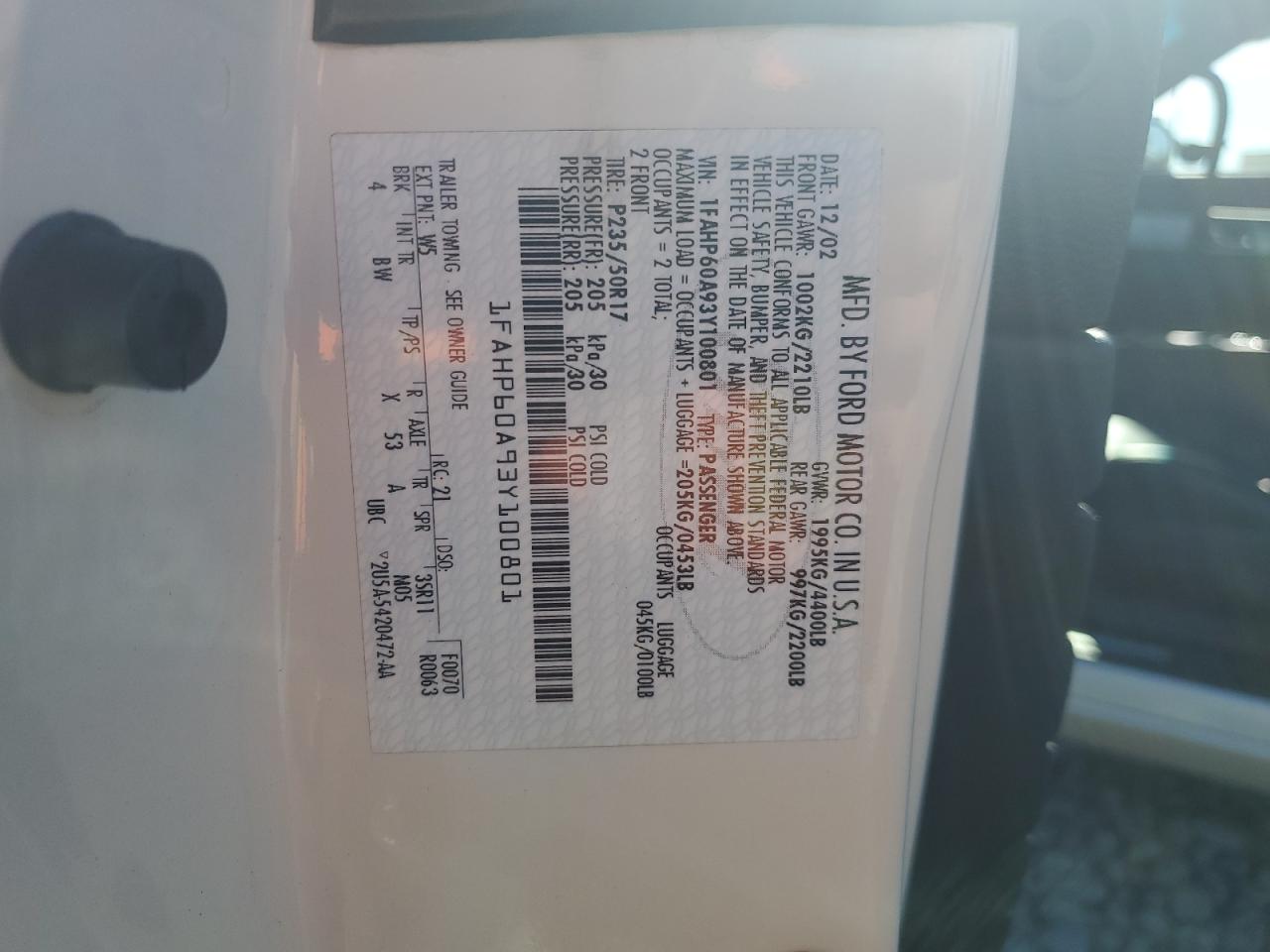 2003 Ford Thunderbird VIN: 1FAHP60A93Y100801 Lot: 92205085