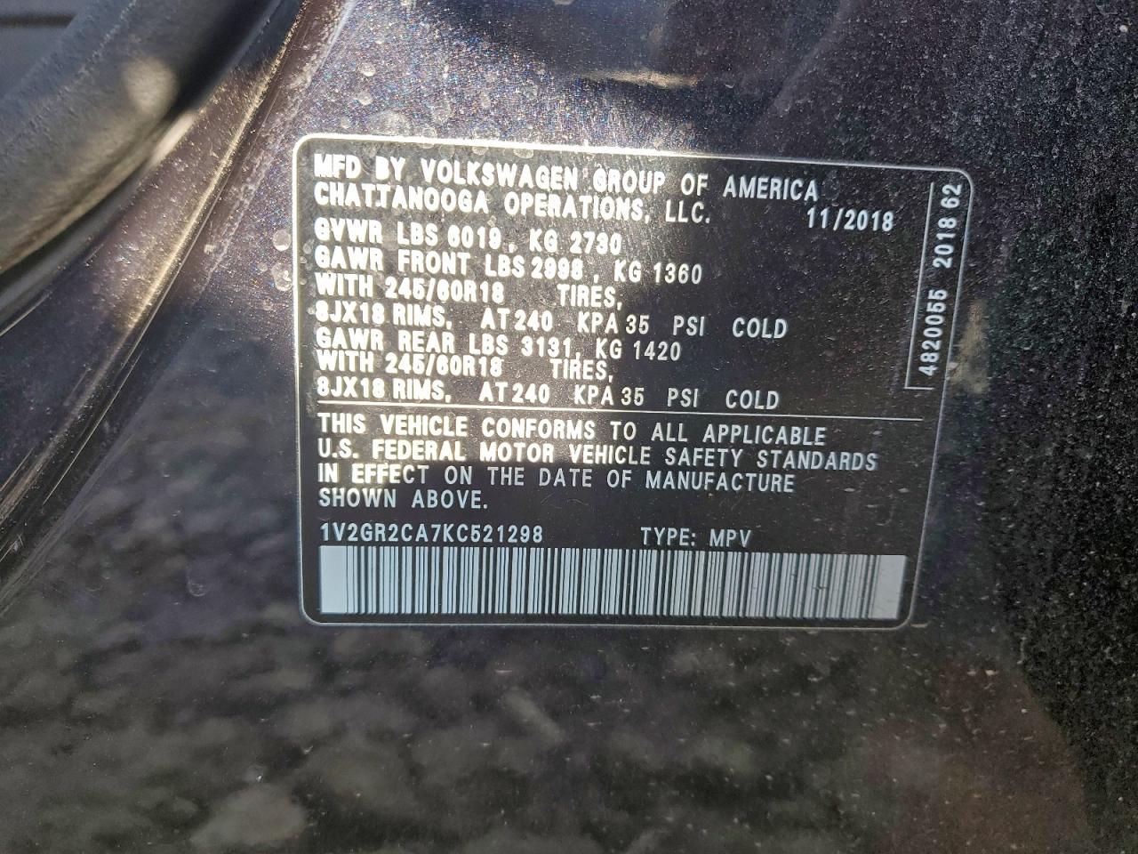 2019 Volkswagen Atlas S VIN: 1V2GR2CA7KC521298 Lot: 92901115