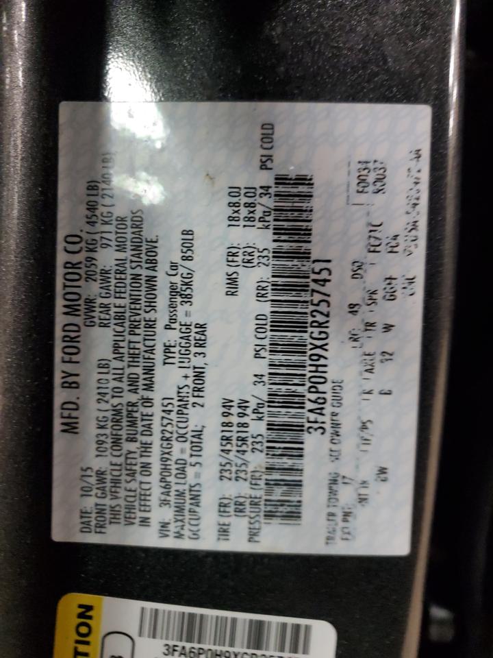 2016 Ford Fusion Se VIN: 3FA6P0H9XGR257451 Lot: 92083645