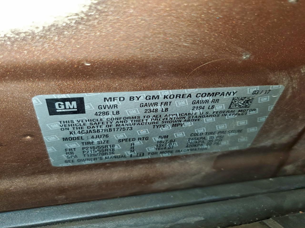 2017 Buick Encore Preferred VIN: KL4CJASB7HB177573 Lot: 93903725