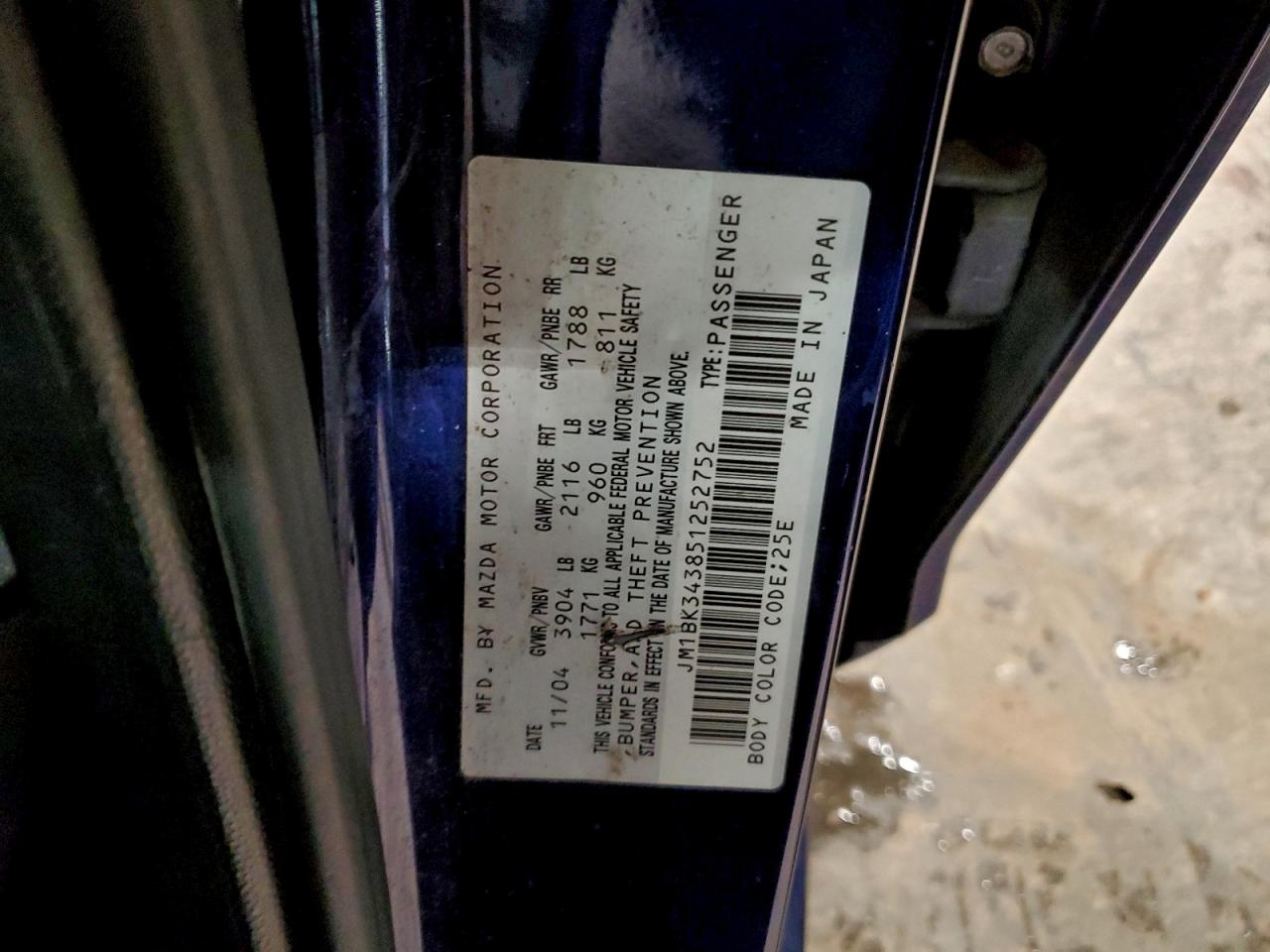 2005 Mazda 3 Hatchback VIN: JM1BK343851252752 Lot: 93392835