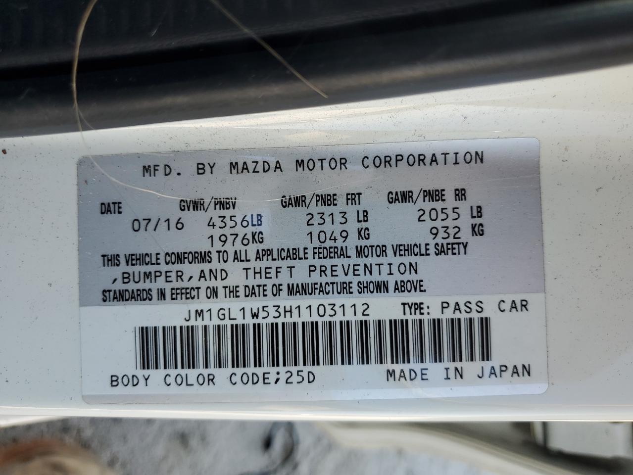 2017 Mazda 6 Grand Touring VIN: JM1GL1W53H1103112 Lot: 93037085