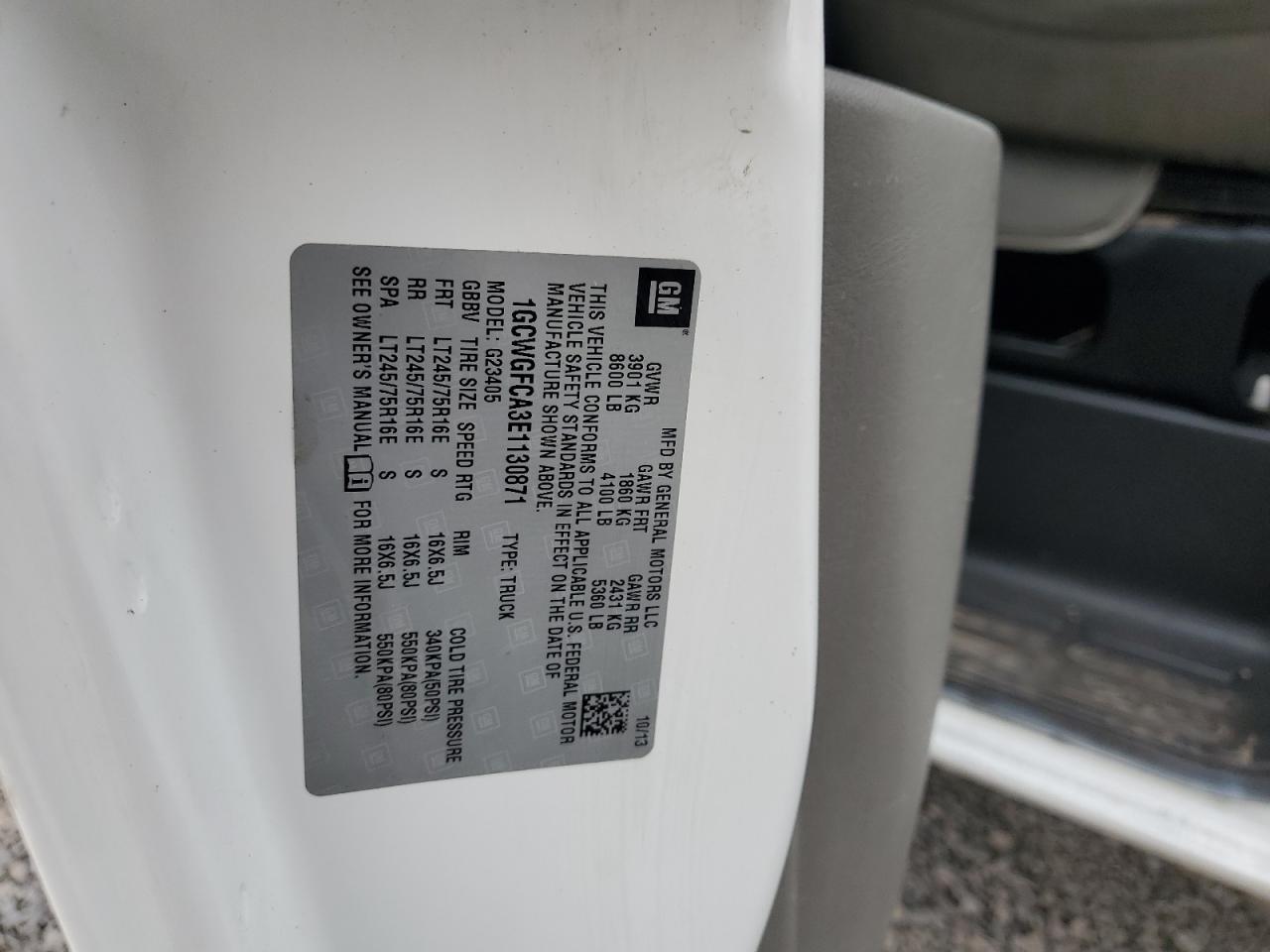 2014 Chevrolet Express G2500 VIN: 1GCWGFCA3E1130871 Lot: 91214655