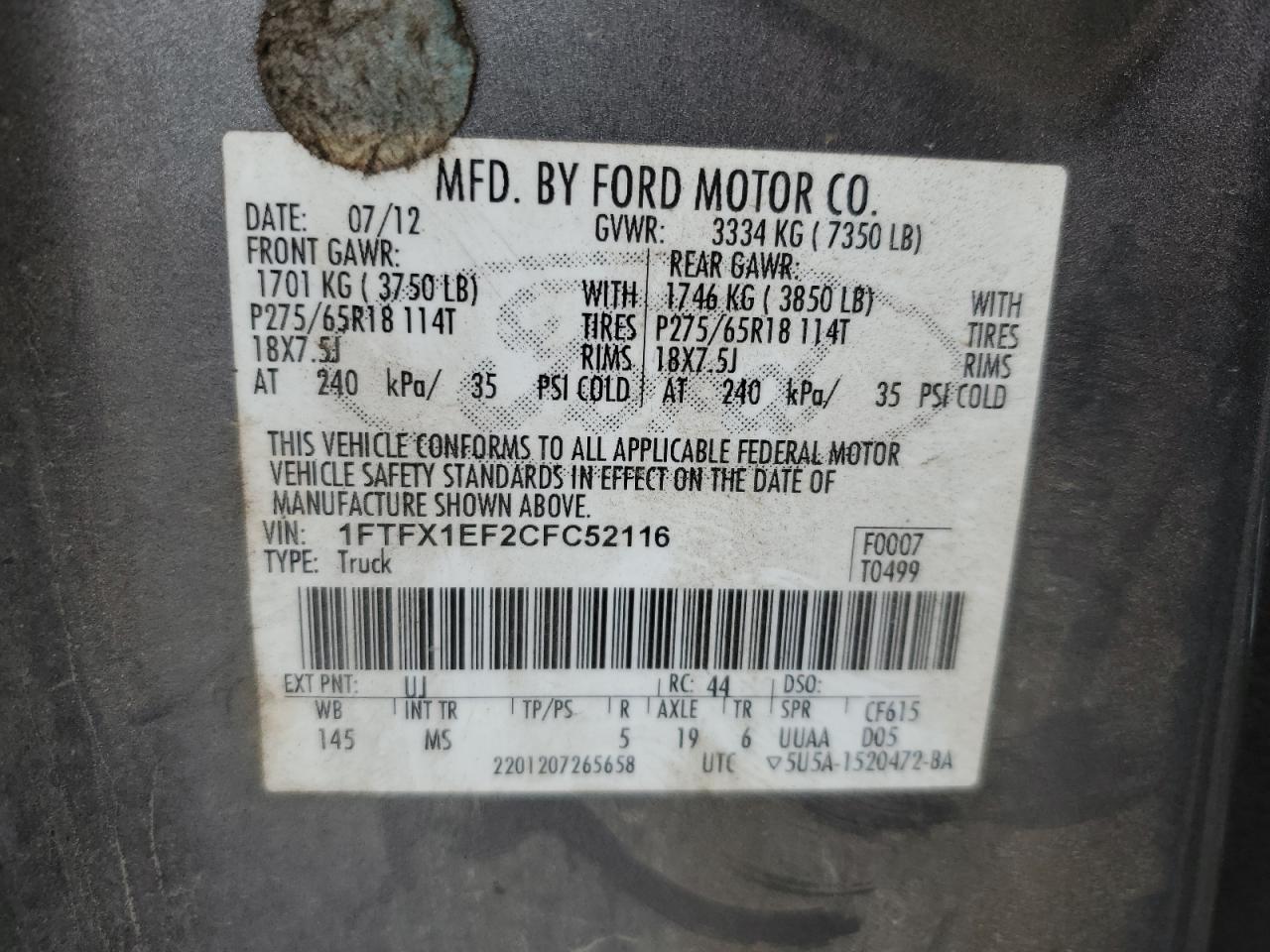 2012 Ford F150 Super Cab VIN: 1FTFX1EF2CFC52116 Lot: 92193645